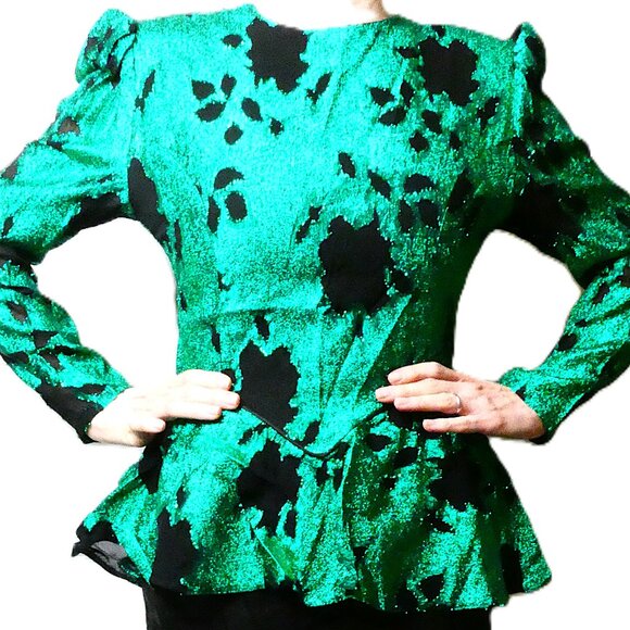 Black Green Dress Size 6 Vintage Midi 50s Shoulder Pads Metallic Sparkling Party - Picture 10 of 14